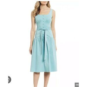 Antonio Melani Elisa Dress Womens 12 Blue Button Front Belted Midi Sleeveless